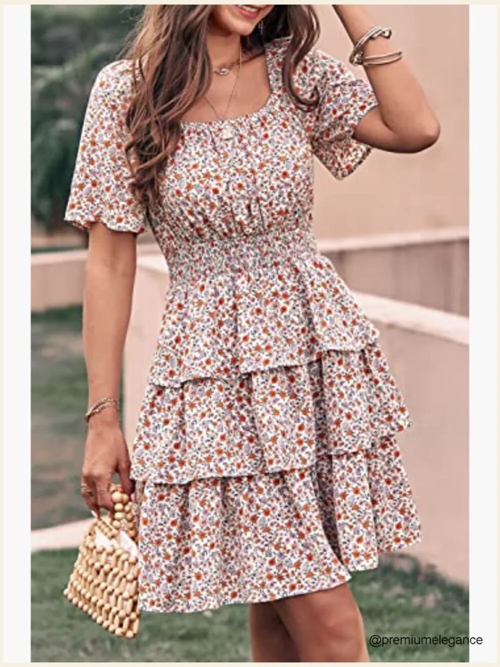 Floral Square Neck Short Sleeve Tiered Ruffle Boho Swing Mini Dress - Picture 4 of 7
